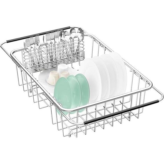 Expandable Stainless Steel Dish Drainer Rack with Utensil Holder