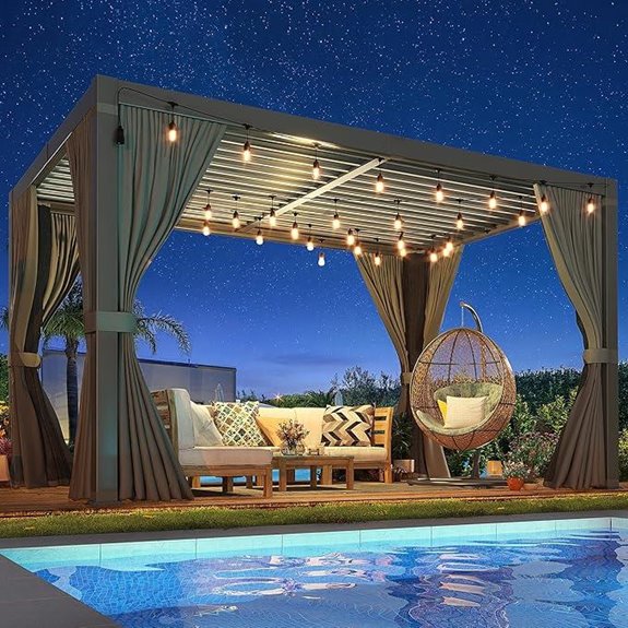 10x12 Ft Louvered Aluminum Pergola with Curtains