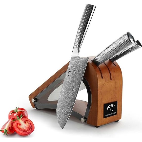 Damascus Kitchen Knife Set with Wooden Block
