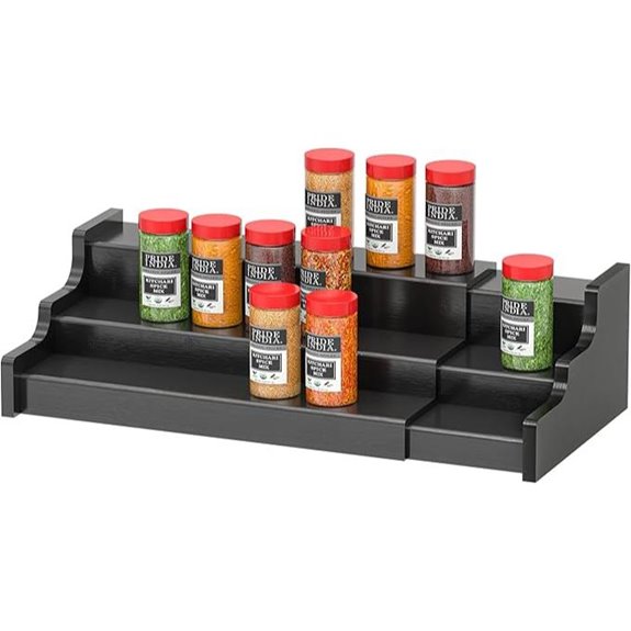 Expandable 3-Tier Black Bamboo Spice Rack Organizer