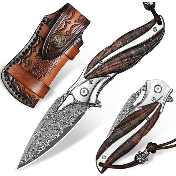 Japanese VG10 Damascus Folding Pocket Knife with Leather Case