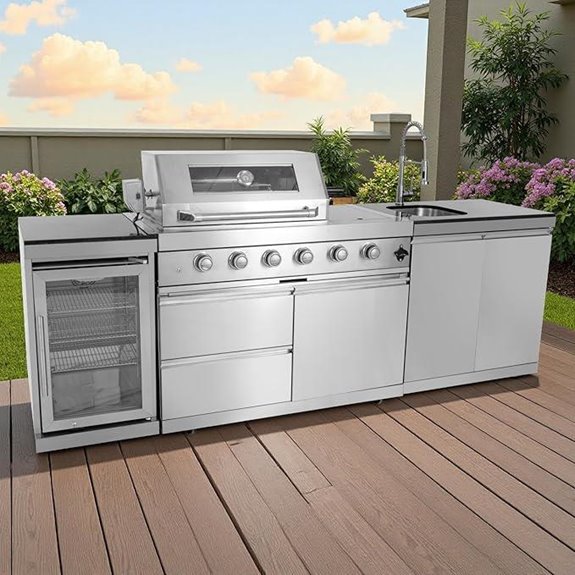 Outdoor 4-Burner Grill Island with Refrigerator and Sink