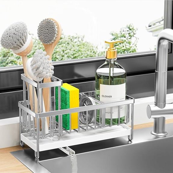Cisily Silver Sink Caddy with Brush & Soap Dispenser